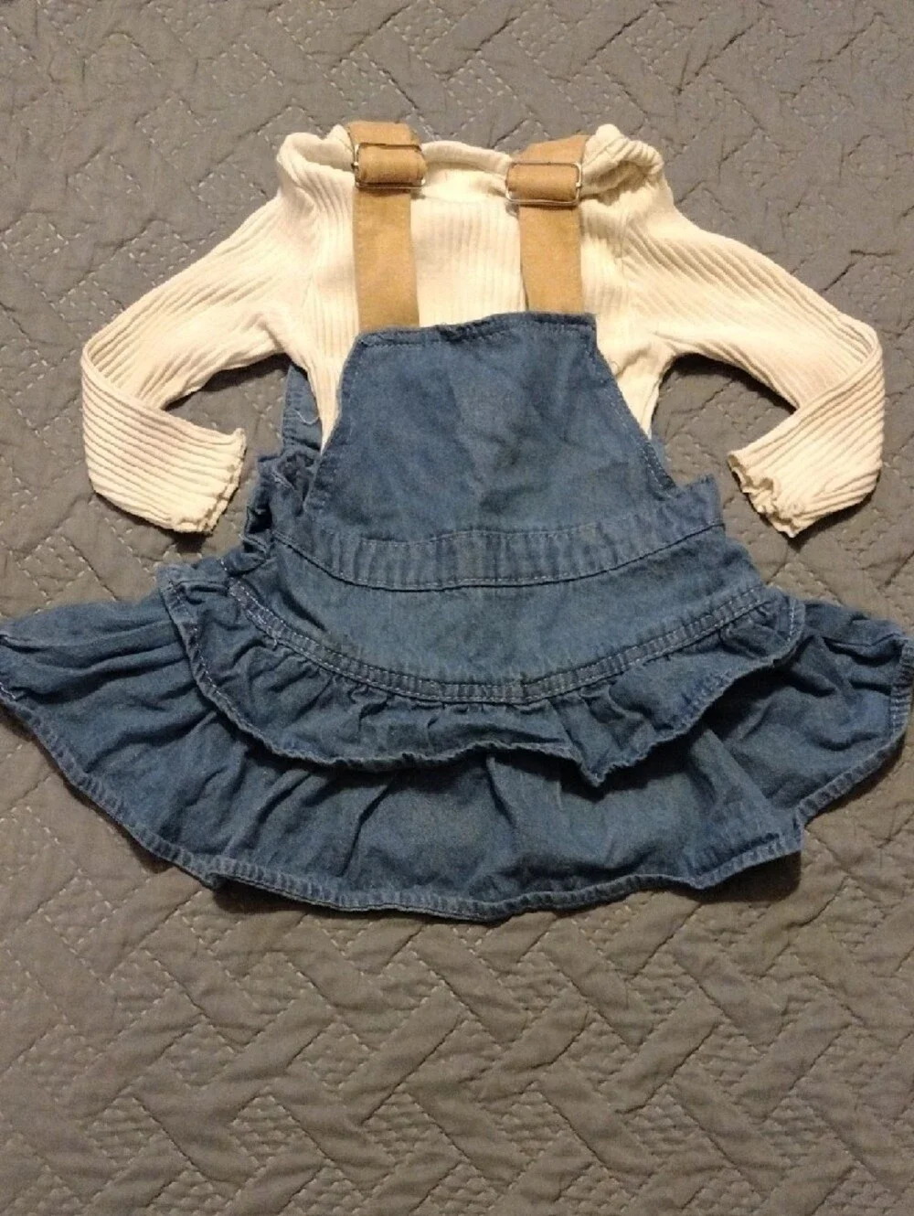 Denim Ruffle Overall Dress with Cream Ribbed Top - Picture 8 of 11